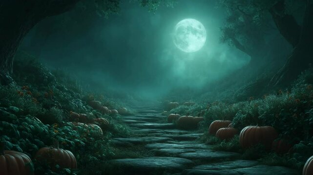 Enchanted Moonlit Pathway Through a Pumpkin Patch at Halloween Night