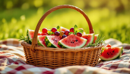 A wicker basket overflowing with slices of watermelon and grapes sits on a checkered blanket against a blurred, sun-drenched grassy background, evoking a summery picnic scene.