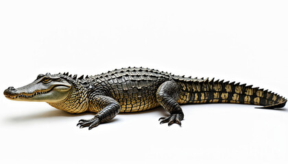 Naklejka premium Photorealistic illustration American alligator Alligator mississippiensis. Full body view. Dangerous predator reptile with camouflaged scales. Aquatic creature from swamp wetland nature. Isolated on