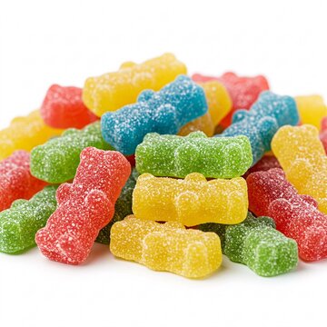 Colorful gummy candies isolated on white background. Sweet and sour chewy bears close-up