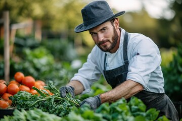 Gardener tending to vibrant vegetables in a sunny field during the warm afternoon hours in a sustainable farm setting