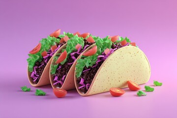 Three Delicious Tacos on Pink Background.