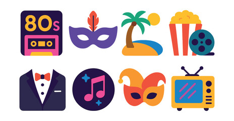 Flat vector icons of themed parties: 80s night, masquerade mask, tropical beach, movie night, black-tie icon, neon party, costume mask, retro theme.