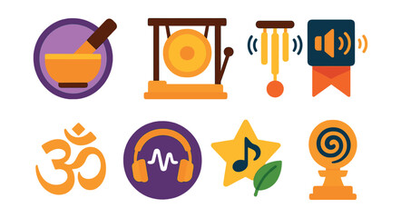 Flat vector icons of sound and music meditation: singing bowl ring badge, gong strike trophy, chime resonance medal, ambient music speaker ribbon, OM chanting icon, binaural wave headphones badge,