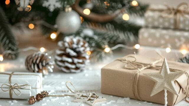 A festive scene presents Christmas gifts wrapped in craft paper with natural string and star-shaped decorations, accompanied by pinecones, ornaments, and warm lights for a cozy holiday ambiance.