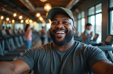 Fototapeta premium Happy afro-american man takes selfie at the gym. Overweight guy smiling before workout. Active lifestyle healthy habits concept. Fitness, weight loss, motivation, wellbeing.