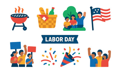 Flat vector icons of Labor Day celebration: BBQ grill, picnic basket, family at park, waving flag, parade with signs, banner with “Labor Day”, confetti explosion, people cheering.