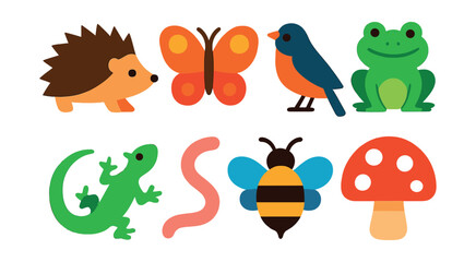 Naklejka premium Flat vector icons of backyard wildlife: hedgehog, butterfly, songbird, frog, lizard, earthworm, bee, toadstool.