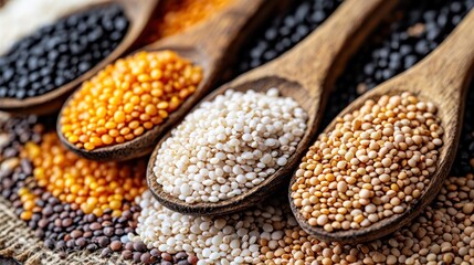 Obraz premium various dried legumes in wooden spoons