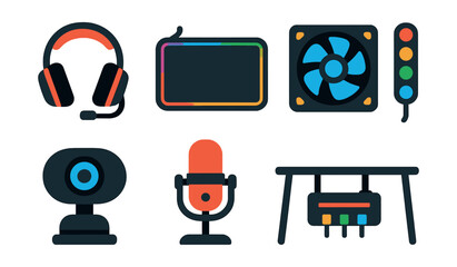 Flat vector icons of gaming accessories: gaming headset, mouse pad, cooling fan, RGB lights, webcam, streaming mic, gaming desk, cable hub.