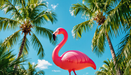 Fototapeta premium A vibrant pink flamingo float playfully stands amidst lush palm trees against a clear blue sky, evoking a tropical summer vibe.