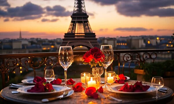 Romantic dinner setting on a balcony in Paris at sunset, featuring elegant tableware, red roses, and candles, with the Eiffel Tower in the background