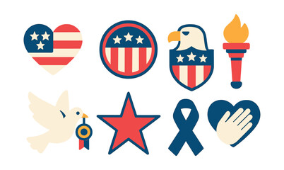 Flat vector icons of patriotism and gratitude: heart with flag, “Thank You Veteran” badge, eagle and shield icon, torch of liberty, peace dove with medal, hero star icon, ribbon of honor, hand on