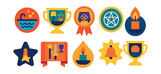 Flat vector icons of preparation for ritual: cleansing bath badge, quiet space setup trophy, altar cloth placement medal, tool arrangement ribbon, protection circle chalk icon, intention setting