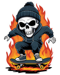 Skater skull in beanie hat and hoodie, riding a skateboard with fire trails, rebellious cartoon sticker