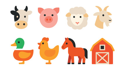 Naklejka premium Flat vector icons of farm animals: cow, pig, sheep, goat, duck, chicken, horse, barn.
