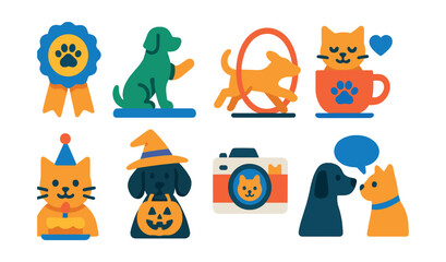 Flat vector icons of pet events: pet show ribbon, obedience contest, dog run, cat cafe, pet birthday, costume party, photo shoot, pet meetup.