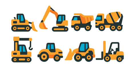 Flat vector icons of construction vehicles: bulldozer, excavator, dump truck, cement mixer, crane truck, roller, front loader, forklift.