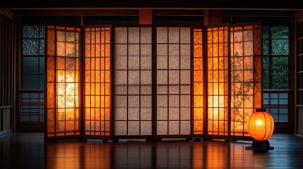 Fototapeta premium Illuminated Shoji Screens in Traditional Room