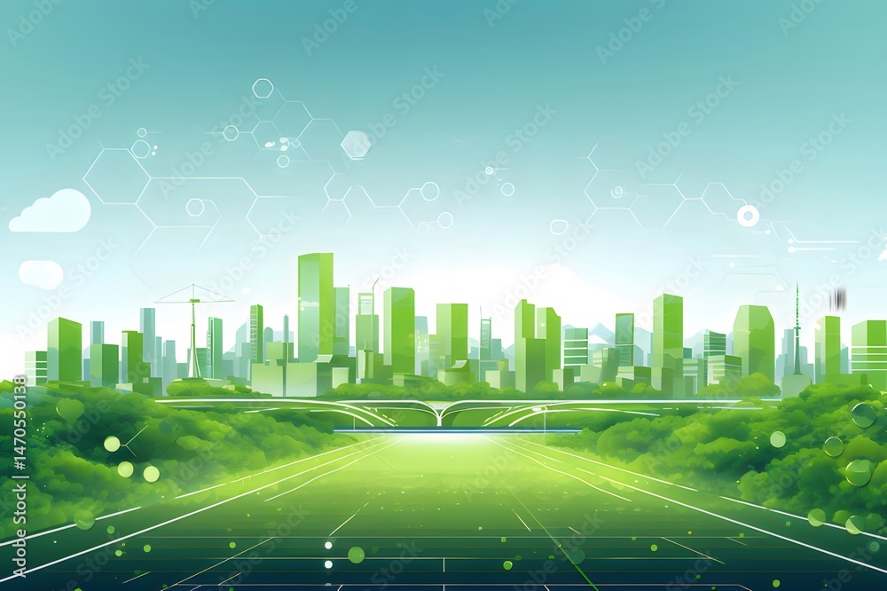 Aufkleber 緑の都会の風景 青空と現代建築の並ぶ景観 未来的なテクノロジーが融合した背景デザイン