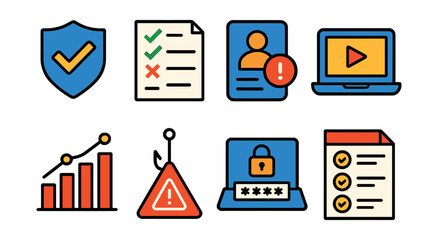 Flat vector icons of cybersecurity training: shield badge, quiz test, awareness card, training laptop, course progress, anti-phishing module, password workshop, best practices.