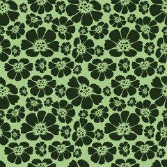 Seamless floral pattern, gentle ditsy print of small plants with a rustic motif. Cute botanical design, romantic background: tiny hand drawn flowers, leaves, bouquets on a green field. Vector.
