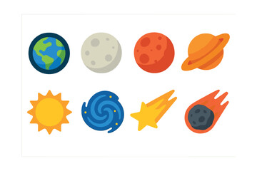 Flat vector icons of celestial objects: Earth from orbit, full Moon, Mars with craters, planet Saturn with rings, shining Sun, galaxy spiral, shooting star, asteroid with trail.