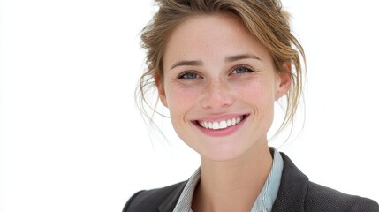 Portrait of a smiling businesswoman, a professional and confident worker in suit, isolated on background