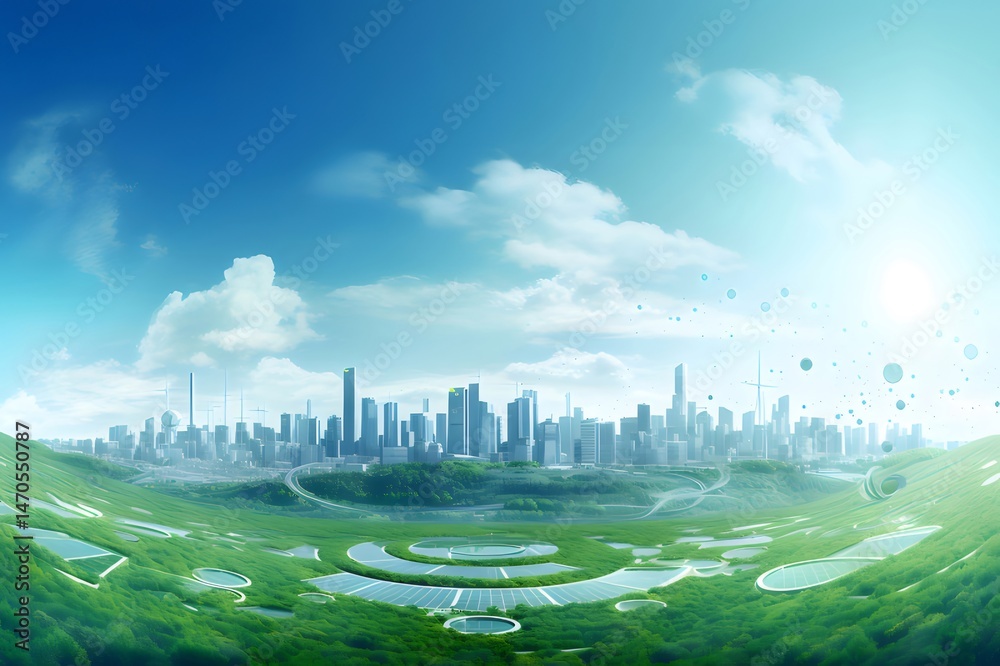 Poster 緑豊かな前景の未来的な都市景観 青空の下で高層ビルがそびえ立つモダンな建築デザインと持続可能なエネルギーの概念を示すパノラマビュー