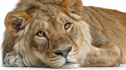 Obraz premium African lion lying down, isolated on background