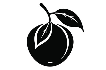 Single plum with leaf design isolated in black color presents minimalist icon