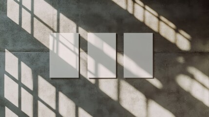 Obraz premium Three posters on a wall with window shadows for art showcase, advertisement, and presentations.