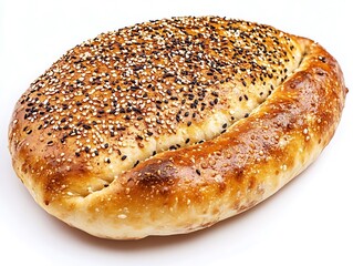 Oval Pita Bread Golden Brown Baked with Sesame Seeds on White Surface, Isolated