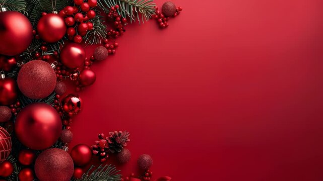 A Christmas holiday arrangement of red ornaments, berries, and evergreen pine branches. The background is a vibrant red, creating a warm and festive mood. High-quality details.
