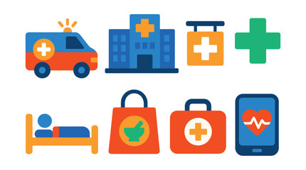 Flat vector icons of healthcare services: ambulance, hospital building, clinic sign, emergency cross, patient bed, pharmacy, first aid kit, health app.