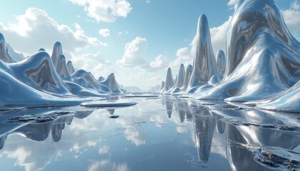 Abstract chrome landscape with reflective liquid titanium surface, futuristic texture. Modern aesthetic. Metallic design, surreal digital art, alien world. Concept art. Blue sky with clouds above