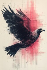 Fototapeta premium Majestic eagle soaring, red abstract background, wildlife art, freedom concept