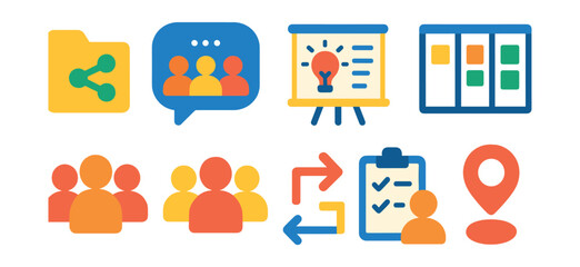 Flat vector icons of teamwork and collaboration: shared folder, team chat, brainstorm board, group icon, project board, workflow arrows, task assign, check-in icon.