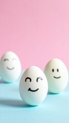 Three smiling eggs on pastel background with cute faces