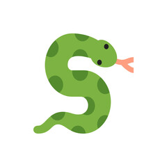 Naklejka premium Illustration of a green snake with dark green spots and a pink tongue on a white background coiled up shape