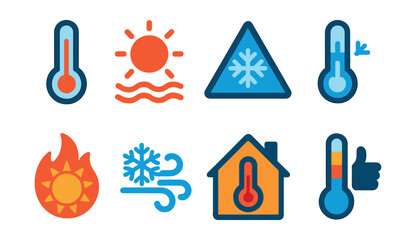Flat vector icons of temperature indicators: thermometer, heatwave icon, cold alert, freezing point, fire sun, icy wind, room temperature, feel-like scale.