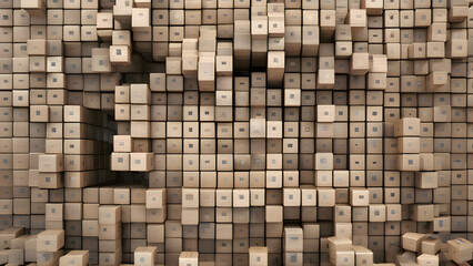 Fototapeta premium Large stack of boxes arranged in a structured vertical pile, forming an abstract and geometric composition suitable for backgrounds and design use