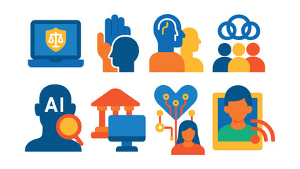 Flat vector icons of social and ethical careers: digital ethics advisor, human rights technologist, diversity inclusion strategist, AI transparency specialist, cyber law advocate, tech-for-good