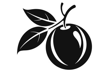 Isolated plum showcases two leaves attached to its stem in a monochrome style