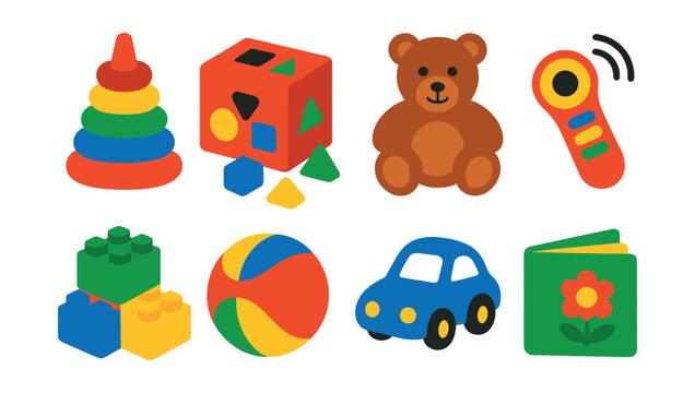 Flat vector icons of toddler toys: stacking rings, shape sorter, plush teddy, musical toy, building blocks, ball, toy car, picture book.