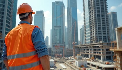 Fototapeta premium Construction worker wearing hard hat reflective vest oversees urban construction site with skyscrapers in background. Represents city expansion real estate development, industry job. Pro engineer,