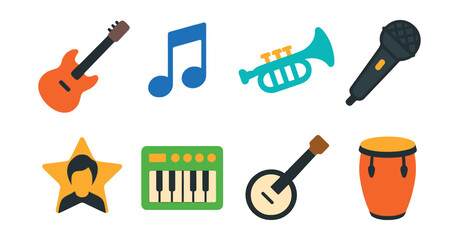 Flat vector icons of music genres: rock guitar, classical note, jazz trumpet, hip hop mic, pop star icon, electronic synth, country banjo, reggae drum.