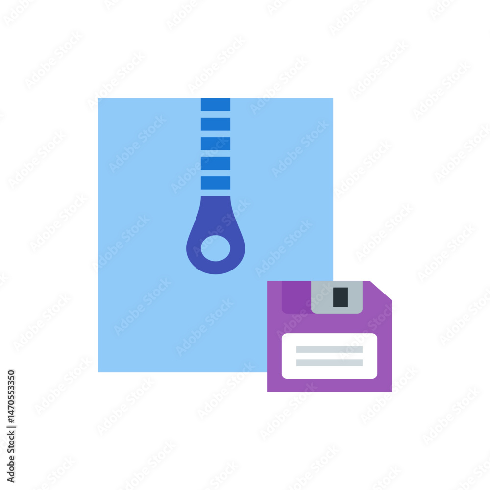 Aufkleber illustration of a zipped file folder with a floppy disk icon representing data compression and stora