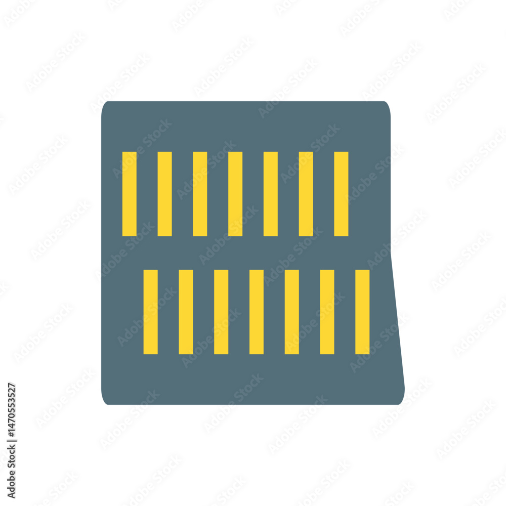 Poster illustration of a gray rectangular object with rounded corners and twelve yellow rectangular opening