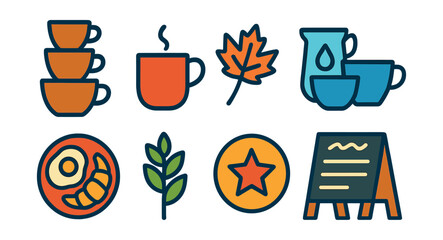 Flat vector icons of café menu board: espresso list, seasonal specials, bean origin, drink size chart, plant milk options, breakfast combo, reward points, chalk menu icon.
